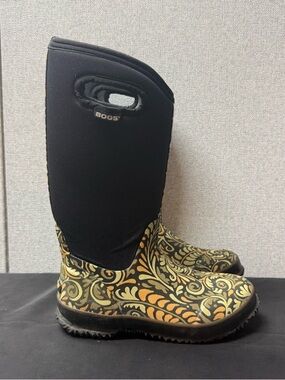 Bogs Black Tall Rain Boots with Olive and Gold Scroll Design